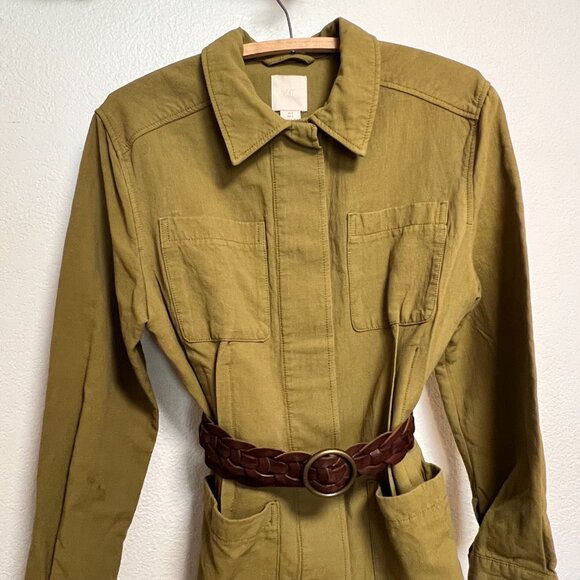 H&M Linen Blend Green Utility Jacket w Braided Leather Holister Belt Size 2 - Picture 6 of 16
